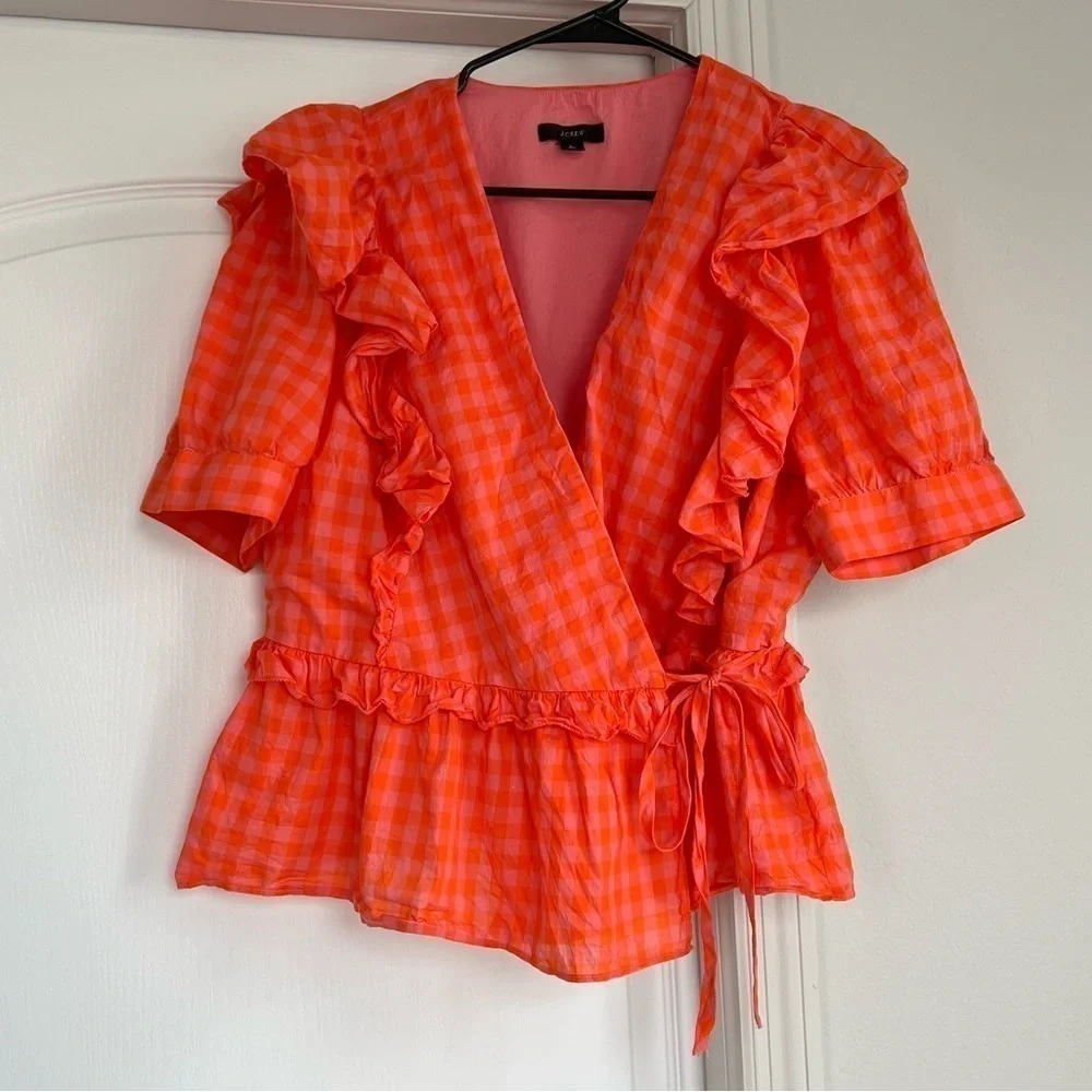 J. Crew Ruffle Puff Sleeve Cotton Wrap Top in Orange and Pink Gingham 💕🧡 L